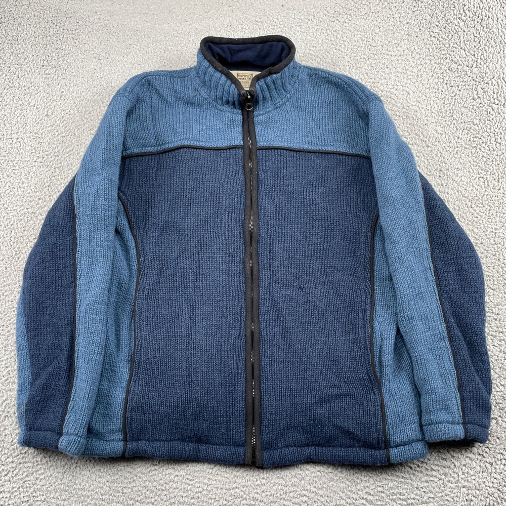 Aran Sweater Market Cardigan Mens L Blue Wool Full Zip Fleece Lined Colorblock